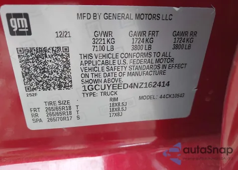 2022 Chevrolet Silverado 1500 Ltd 4Wd Short Bed Rst из США, поврежденный, VIN 1GCUYEED4NZ162414